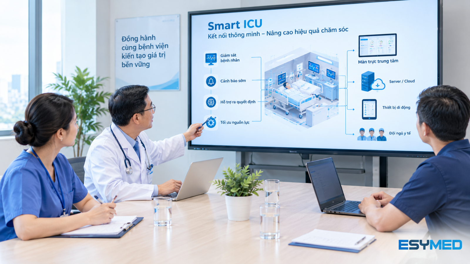 Bác sĩ hồi sức và kỹ sư thảo luận thiết kế Smart ICU tại bệnh viện