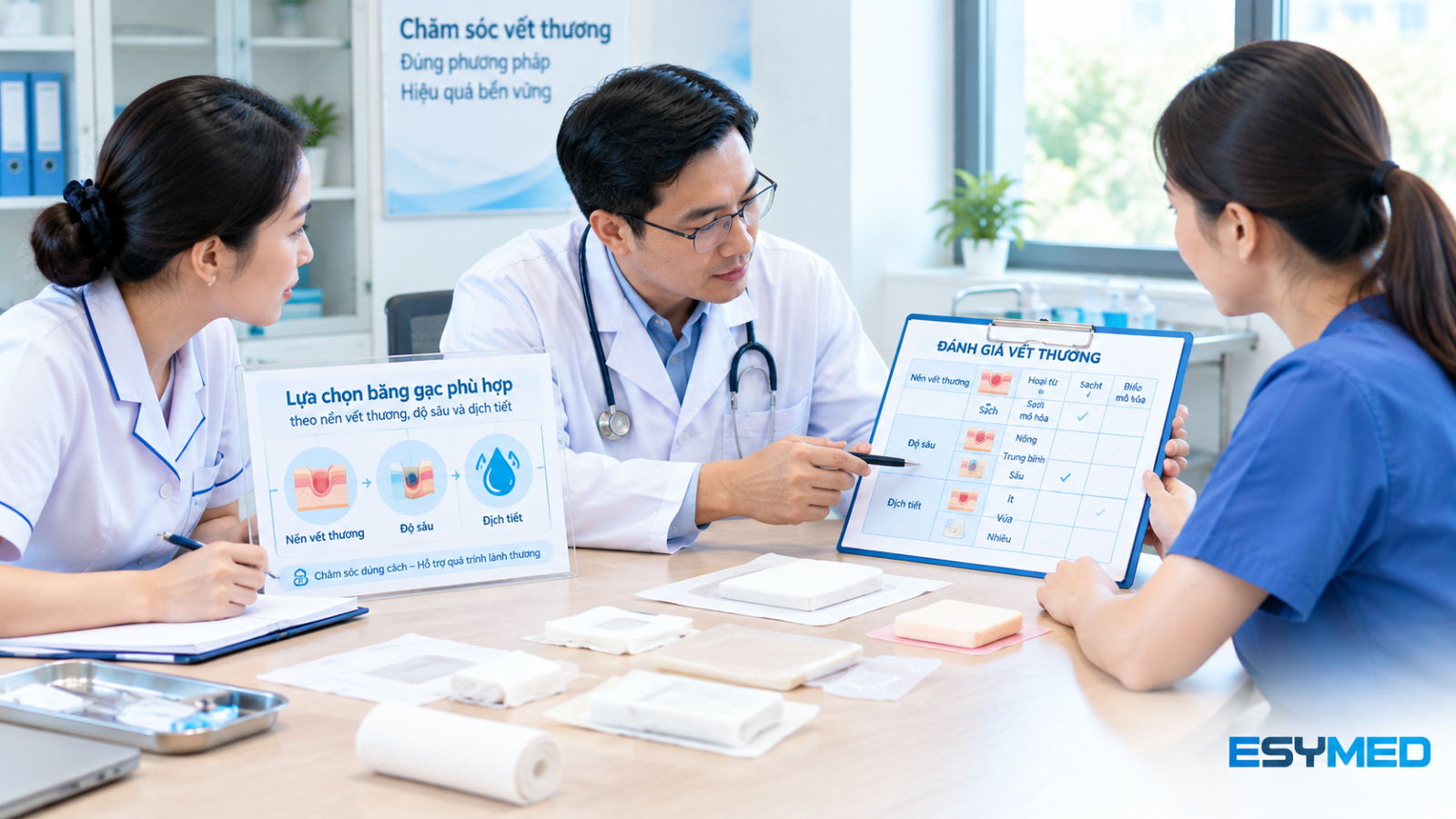 Ma trận chọn băng gạc theo nền vết thương, độ sâu và dịch tiết – ESYMED.